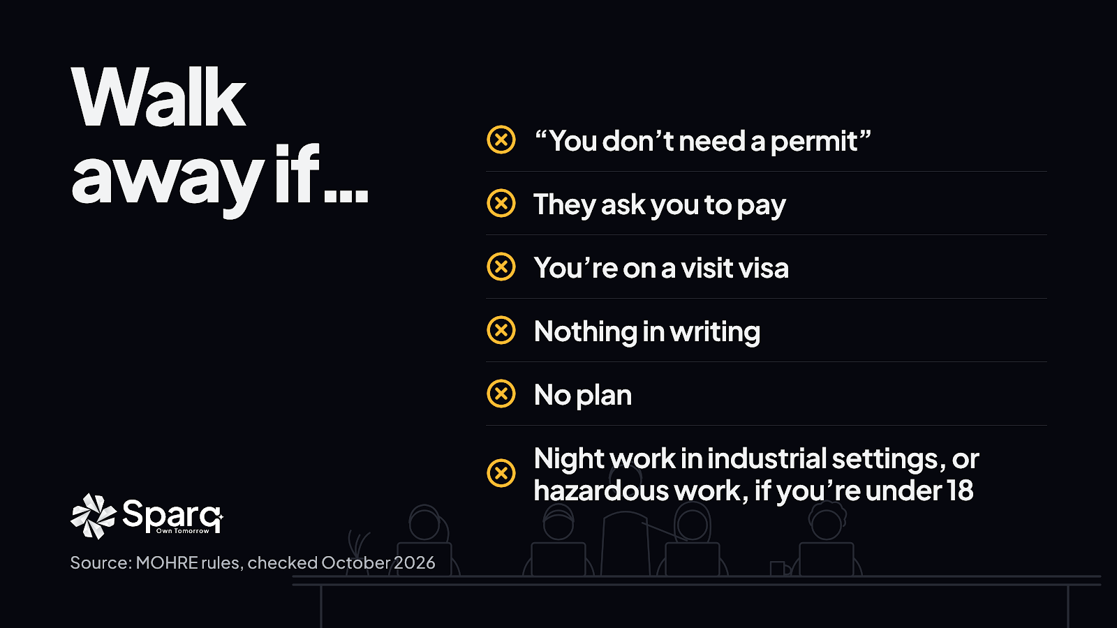 Six internship red flags: no permit, being asked to pay, a visit visa, nothing in writing, no plan, and night or hazardous work for under 18s.